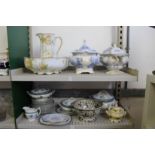 A floral decorated jug and bowl set, blue and white tureens and other similar china.