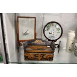 Two Japanese table screens and an oriental carved wood box.