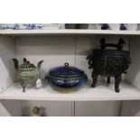 A bronze censer and cover, a cloisonne bowl and cover and an archaic bronze style ice bucket.