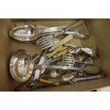 Three good large plated serving spoons, a similar ladle and other plated flatware.