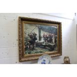 Soldiers Taking Rest at a Water Pump a large oil on canvas in a decorative gilt frame.