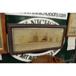 A 19th century woolwork picture of a steam sailing ship off the coast with a lighthouse, framed