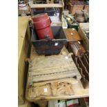 An old shop bucket, tea caddies and other wooden items.
