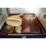 Leather travelling photograph cases, hand brushes, pens, a telescope and other miscellaneous