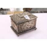 A French decorative silver plated jewel casket with hinged cover.