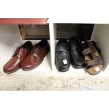 Two new pairs of gentlemen's size 11 shoes and a pair of sandals.