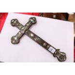 A mother-of-pearl inlaid hardwood crucifix.