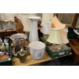 A pottery jardiniere and stand and four various lamps.
