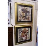 A pair of colourful abstract prints, framed and glazed.