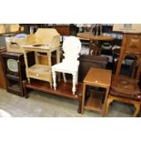 An oak table, a painted hall chair, a pine wash stand and a low table.