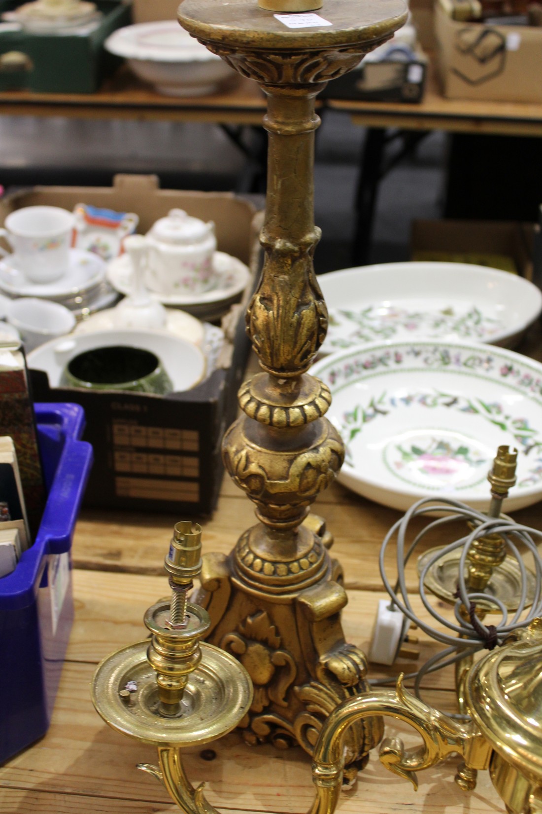 A large brass five branch chandelier and a gilt plaster lamp. - Image 3 of 3