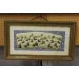 A Persian hand painted hunting scene on bone slither, framed and glazed.