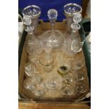 A pair of cut glass decanters and stoppers and other glassware.