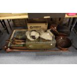 A copper preserve pan, a copper coal bucket, a hunting horn and other items.