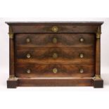 A GOOD 19TH CENTURY FRENCH MAHOGANY, ORMOLU AND MARBLE COMMODE, with a grey veined rectangular