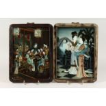 A GOOD PAIR OF CHINESE REVERSE PAINTINGS ON GLASS of two geishas and on interior with ladies playing