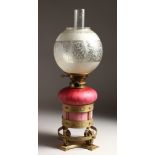 A VERY GOOD VICTORIAN AESTHETIC MOVEMENT BRASS OIL LAMP, with pink lustre glass oil reservoir