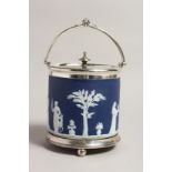 A WEDGWOOD JASPER WARE BLUE AND WHITE BISCUIT BARREL AND COVER with plated mount.