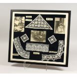 SIX PIECES OF FINE WHITE LACE COLLARS, framed and glazed, from Bruges, with three photographs. 16.