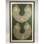 TWO LARGE FINE LACE COLLARS, framed and glazed. 36ins x 20ins