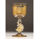A GOOD VENETIAN GOLD DECORATED GOBLET, circa. 1920, with garlands and flowering baskets. 8ins high