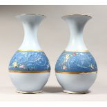 A LARGE PAIR OF CONTINENTAL LIGHT BLUE BULBOUS VASES, painted with a deep blue hand with flowers