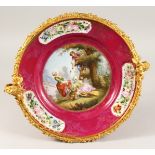 A 19TH CENTURY SEVRES PORCELAIN CIRCULAR DISH in an ornate mount painted with vignettes of flowers