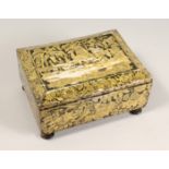 A REGENCY POKERWORK JEWELLERY BOX with fitted interior on four bun feet. 11ins wide