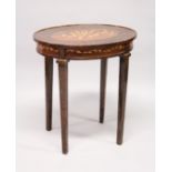 A FRENCH STYLE MARQUETRY INLAID OVAL TABLE on tapering square legs 2ft 3ins long x 1ft 10ins