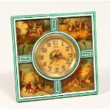 A SMALL FRENCH SILVER AND ENAMEL CLOCK by MAQUET, PARIS - NICE, with four panels of figures 4.5ins x