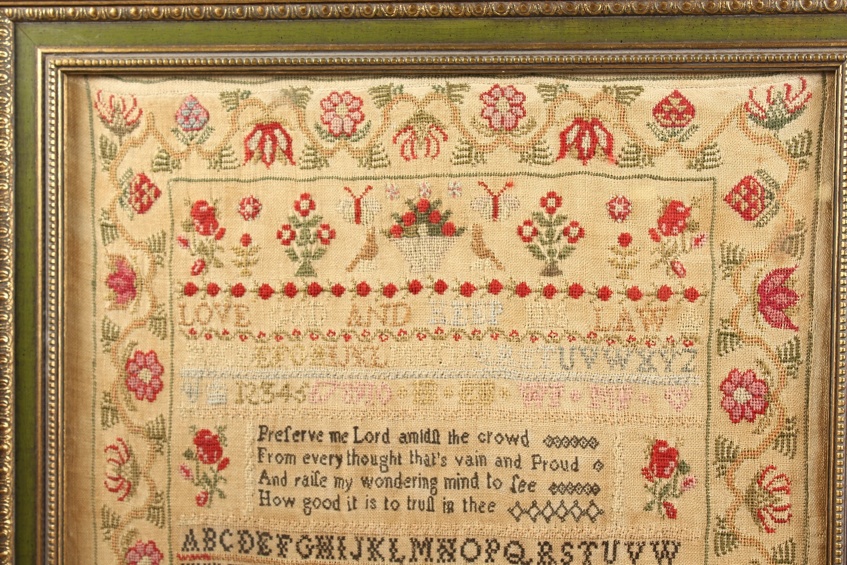 A GEORGE IV FRAMED AND GLAZED SAMPLER by Ellen Bell, Aged 9, 1827. 17ins x 6ins - Image 2 of 4