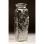 A GOOD HEAVY BACCARAT SQUARE TAPERING VASE, engraved with irises. 12ins high