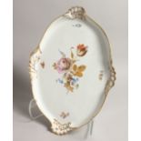 A GOOD 20TH CENTURY MEISSEN OVAL SHAPED TRAY, with gilt borders and painted with flowers. 17ins long