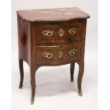 AN 18TH CENTURY FRENCH KINGWOOD, ORMOLU AND MARBLE TWO DRAWER SERPENTINE PETIT COMMODE, the shaped