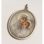 A RUSSIAN SILVER OVAL ICON, MADONNA AND CHILD, dated 1903.