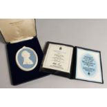 A WEDGWOOD BLUE AND WHITE OVAL PLAQUE " THE EARL MOUNTBATTEN OF BURMA " , in box.
