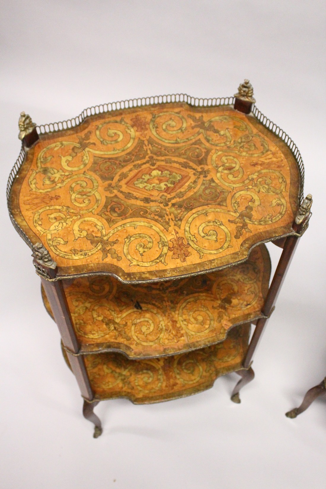 A PAIR OF EARLY 20TH CENTURY FRENCH MARQUETRY AND ORMOLU MOUNTED THREE TIER ETAGERES, with galleried - Image 2 of 4