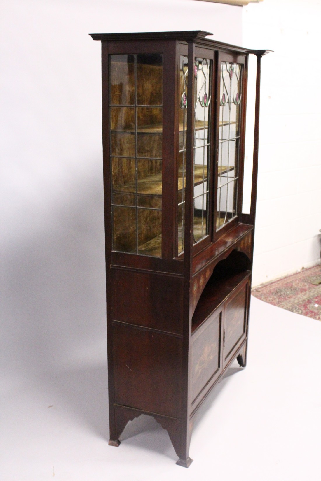 AN ART NOUVEAU MAHOGANY INLAID CHINA CABINET with a pair of leaded glass doors over an open space, - Image 4 of 6