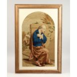 A 19TH CENTURY BRUSSELS NEEDLEWORK OF SAINT PETER seated in a chair, arms crossed. 25ins x 15ins.