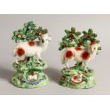 A PAIR OF STAFFORDSHIRE BOCAGE GROUP OF SHEEP AND LAMBS with Bocage backs. 6ins high.