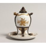 A 19TH CENTURY SEVRES PORCELAIN AND METAL BEAKER 5.5ins diameter.