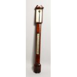 A GOOD 19TH CENTURY MAHOGANY BOW-FRONTED STICK BAROMETER AND THERMOMETER by JOHN WISKER, YORK. 3ft