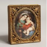 A FRENCH GILDED METAL AND PORCELAIN JEWEL BOX AND COVER, the lid with Madonna and child 4ins x 3ins