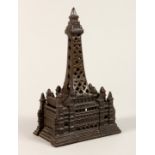 A VICTORIAN CAST IRON BLACKPOOL TOWER NOVELTY BOX 7ins high.