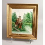 A FRENCH PORCELAIN PLAQUE, men fishing 11ins x 9ins