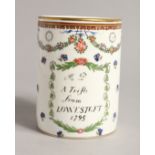 A SAMSON OF PARIS LOWESTOFT MUG, enscribed, 'A Trifle from Lowestoft, 1795'.