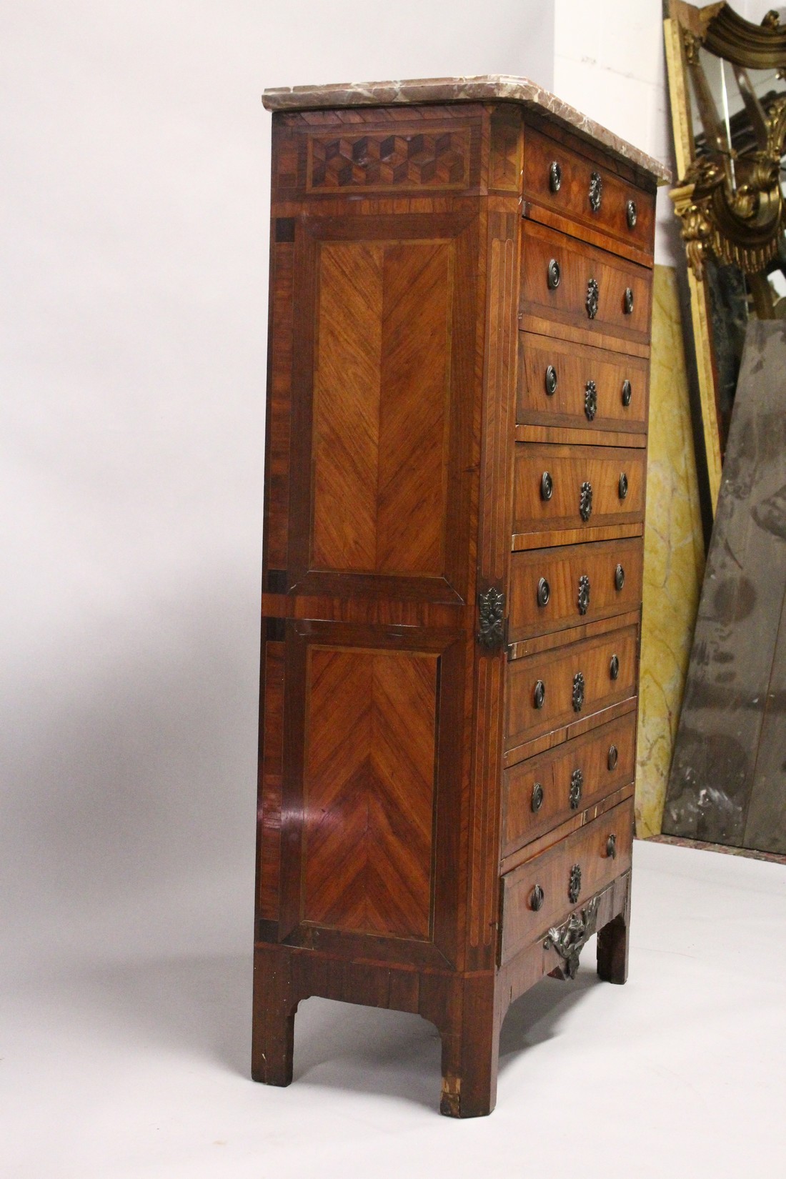 AGOOD 18TH / 19TH CENTURY FRENCH KINGWOOD AND MARBLE TALL CHEST, with a variagated rouge marble top, - Image 2 of 7