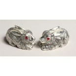 A PAIR OF .800 SILVER PLATED RABBIT SALT AND PEPPERS