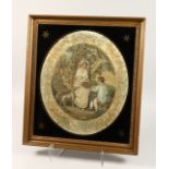 A GEORGIAN SILKWORK FRAMED AND GLAZED OVAL PICTURE of a young lady, boy and dog. 17.5ins x 14ins.