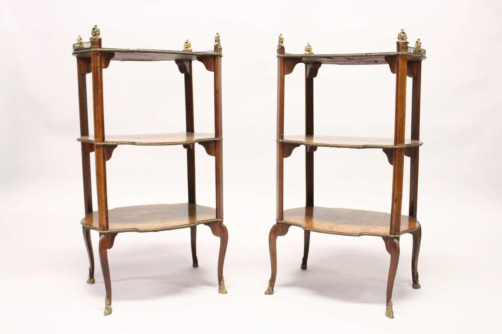 A PAIR OF EARLY 20TH CENTURY FRENCH MARQUETRY AND ORMOLU MOUNTED THREE TIER ETAGERES, with galleried - Image 4 of 4